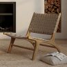 Buy Armchair, Bali Boho Style, Leather and Teak Wood  - Grau Brown 60469 - prices