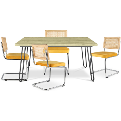 Buy Pack Hairpin Dining Table 120x90 & 4 Black Mesh Rattan and Velvet Chairs - Wanda Mustard 60587 with a guarantee 