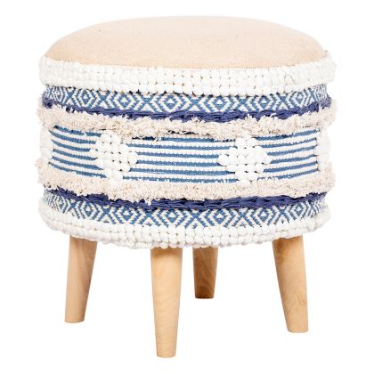 Buy Pouffe Stool in Boho Bali Style, Wood and Cotton - Zoe Bali Blue 60261 home delivery