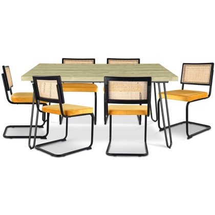 Buy Pack Hairpin Dining Table 150x90 & 6 Black Mesh Rattan and Velvet Chairs - Nema Mustard 60559 in the United Kingdom