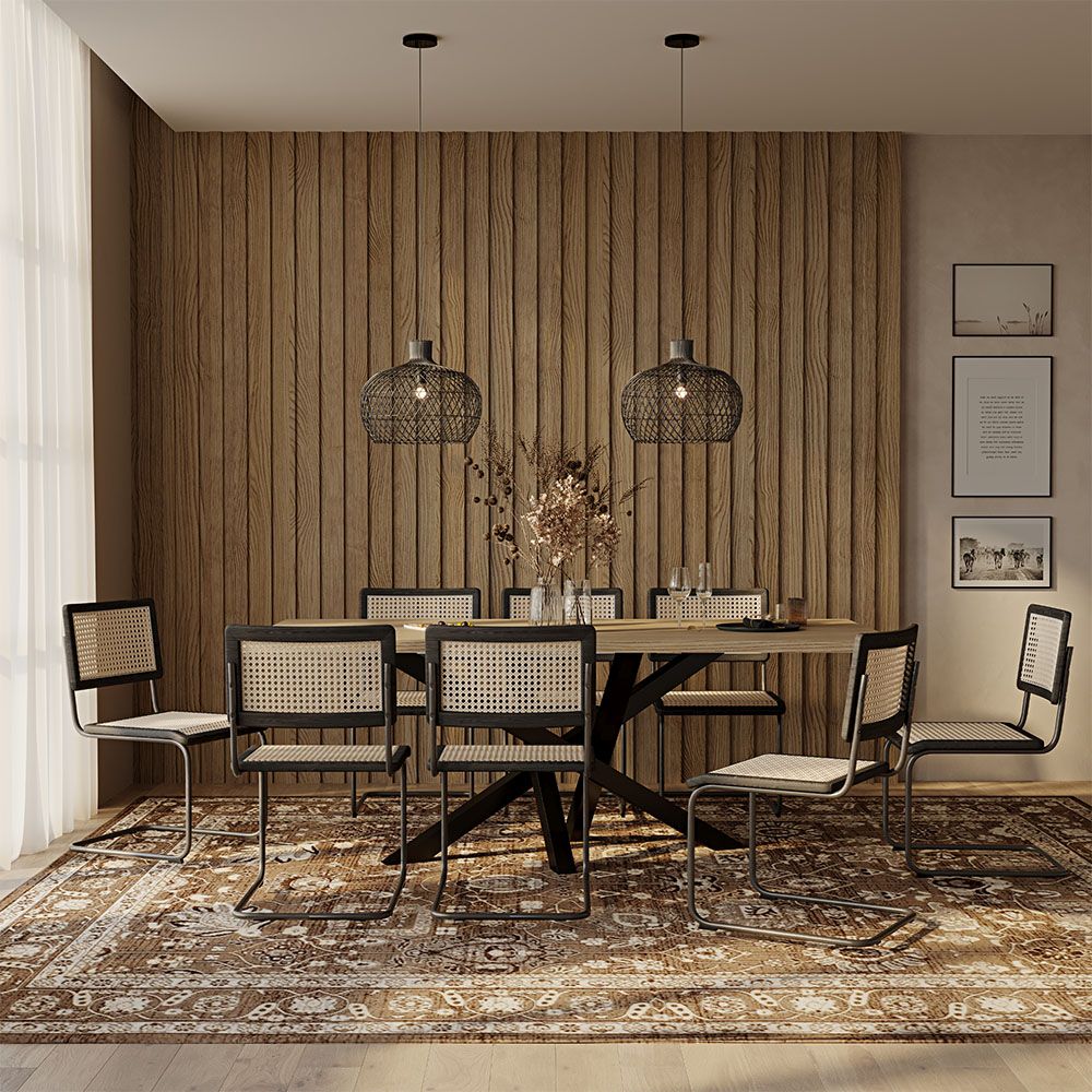 Pack Industrial Wooden Table (200cm) & 8 Rattan Mesh and Black Wood Chairs - Canvas