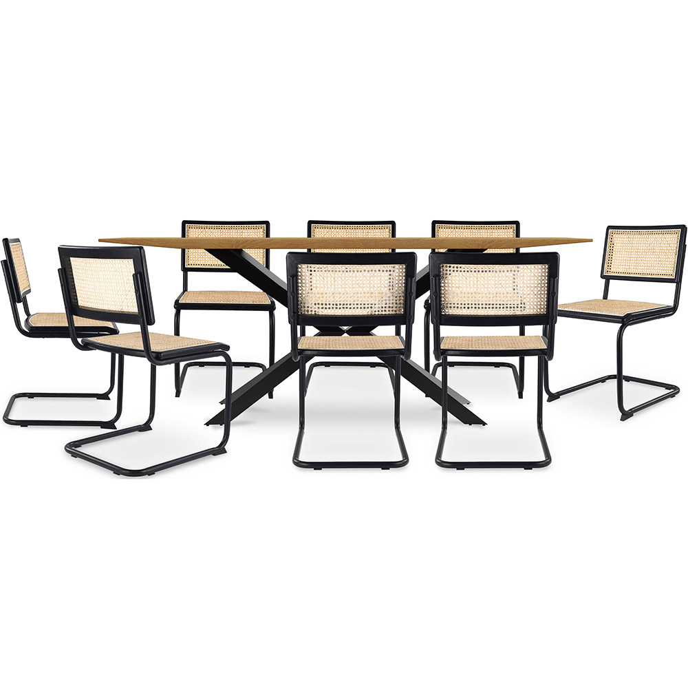  Buy Pack Industrial Wooden Table (220cm) & 8 Rattan Mesh and Black Wood Chairs - Canvas Black 60564 - in the UK