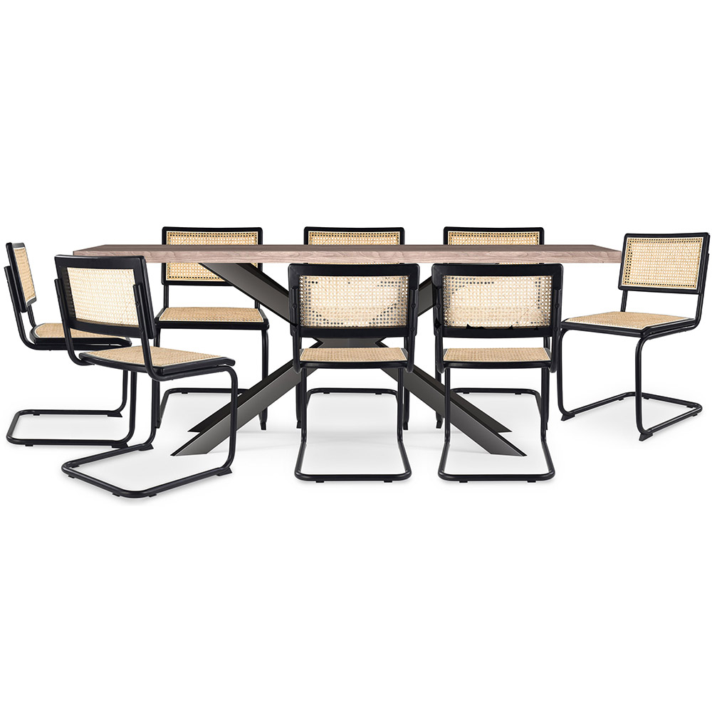  Buy Pack Industrial Wooden Table (200cm) & 8 Rattan Mesh and Black Wood Chairs - Canvas Black 60590 - in the UK