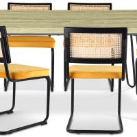 Pack Hairpin Dining Table 150x90 & 6 Black Mesh Rattan and Velvet Chairs - Nema Mustard 60559 photo 1 Buy Pack Hairpin Dining Table 150x90 & 6 Black Mesh Rattan and Velvet Chairs - Nema Mustard 60559 - in the UK