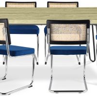 Pack Hairpin Dining Table 150x90 & 6 Black Mesh Rattan and Velvet Chairs - Jenka Dark blue 60582 photo 1 Buy Pack Hairpin Dining Table 150x90 & 6 Black Mesh Rattan and Velvet Chairs - Jenka Dark blue 60582 - in the UK