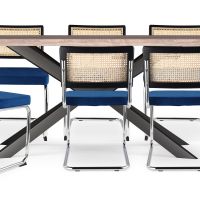 Pack Industrial Wooden Table (200cm) & 8 Rattan and Velvet Mesh Chairs - Jenka Dark blue 60594 photo 1 Buy Pack Industrial Wooden Table (200cm) & 8 Rattan and Velvet Mesh Chairs - Jenka Dark blue 60594 - in the UK