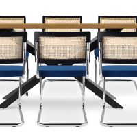 Pack Industrial Wooden Table (220cm) & 8 Rattan and Velvet Mesh Chairs - Jenka Dark blue 60597 photo 1 Buy Pack Industrial Wooden Table (220cm) & 8 Rattan and Velvet Mesh Chairs - Jenka Dark blue 60597 - in the UK