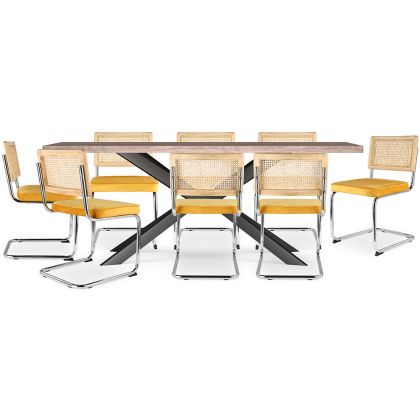 Buy Pack Industrial Wooden Table (200cm) & 8 Rattan and Velvet Mesh Chairs - Wanda Mustard 60593 - in the UK