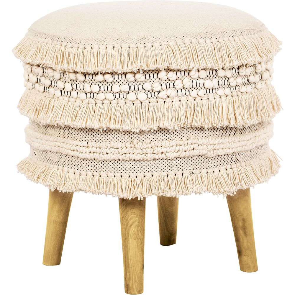  Buy Pouffe Stool in Boho Bali Style, Wood and Cotton - Janice Bali White 60264 - in the UK