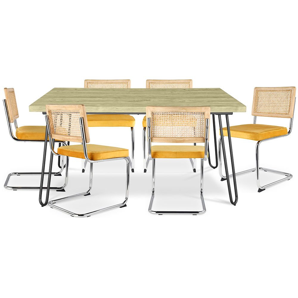  Buy Pack Hairpin Dining Table 150x90 &amp; 6 Black Mesh Rattan and Velvet Chairs - Wanda Mustard 60581 - in the UK